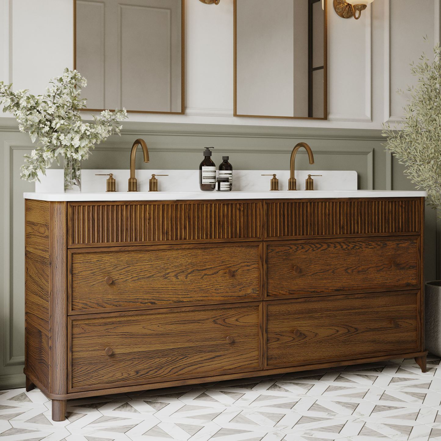 Kathryne 72" Double Bathroom Vanity in Enhaced Brown Oak | Statuario Quartz Countertop
