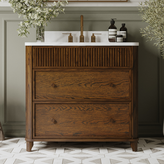 Kathryne 36" Single Bathroom Vanity in Enhanced Brown Oak | Statuario Quartz Countertop