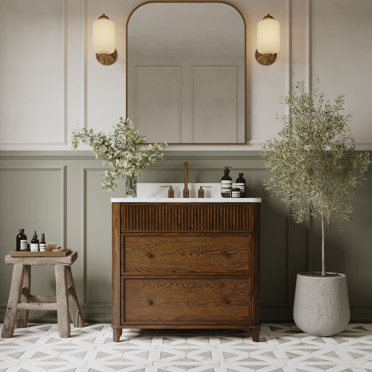 Kathryne 36" Single Bathroom Vanity in Enhanced Brown Oak | Statuario Quartz Countertop