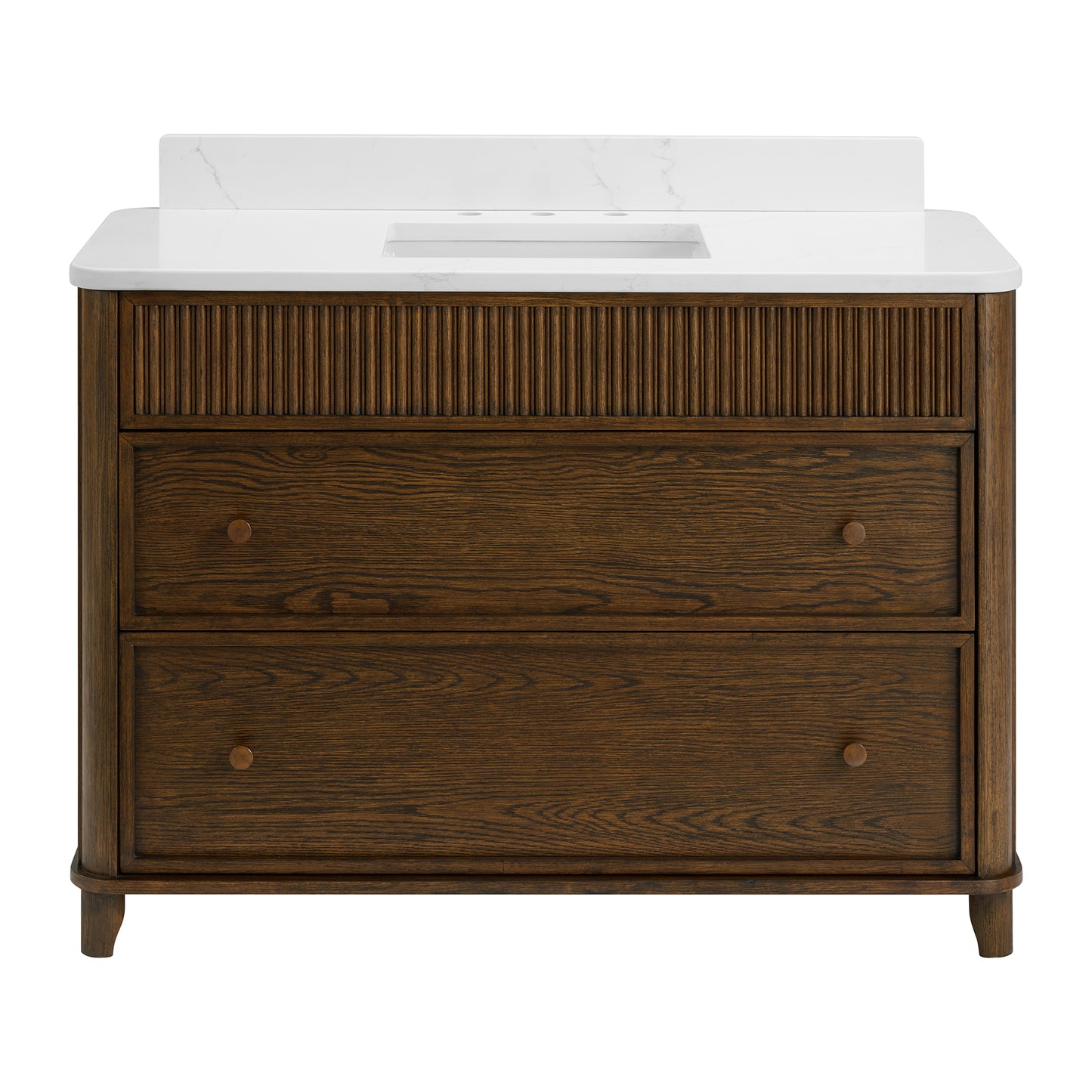 Kathryne 48" Bathroom Vanity in Enhanced Brown Oak | Statuario Quartz