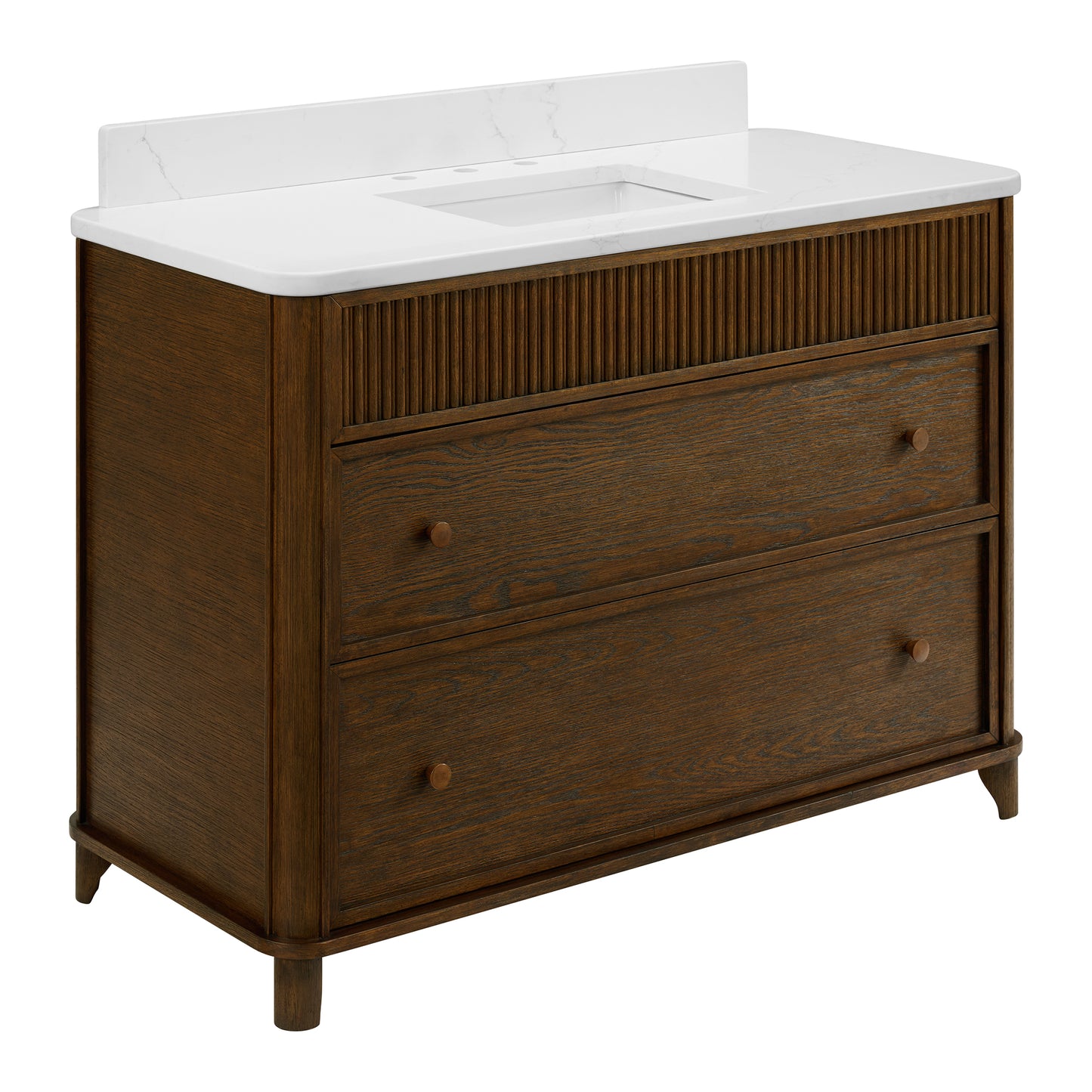 Kathryne 48" Bathroom Vanity in Enhanced Brown Oak | Statuario Quartz