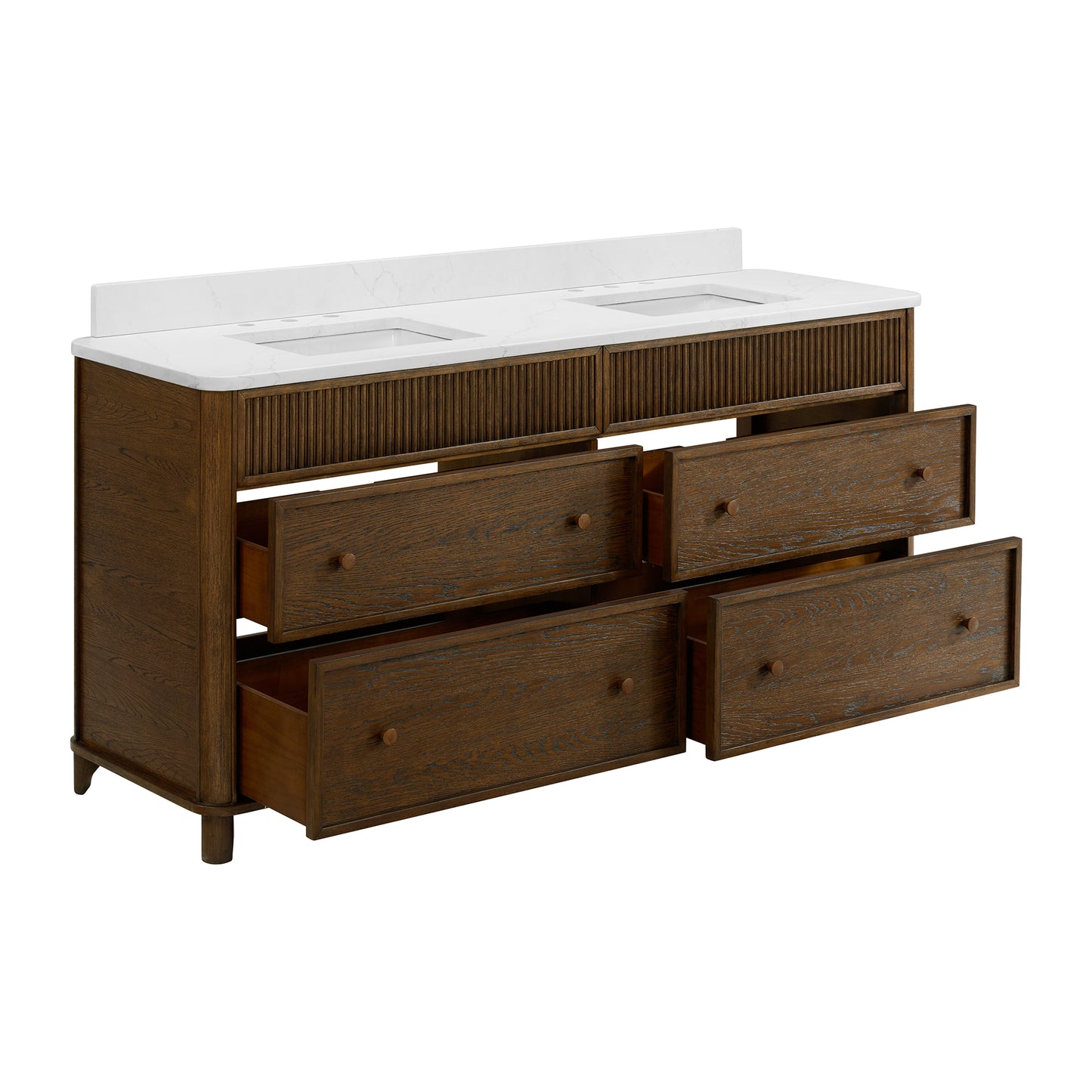 Kathryne 72" Double Bathroom Vanity in Enhaced Brown Oak | Statuario Quartz Countertop