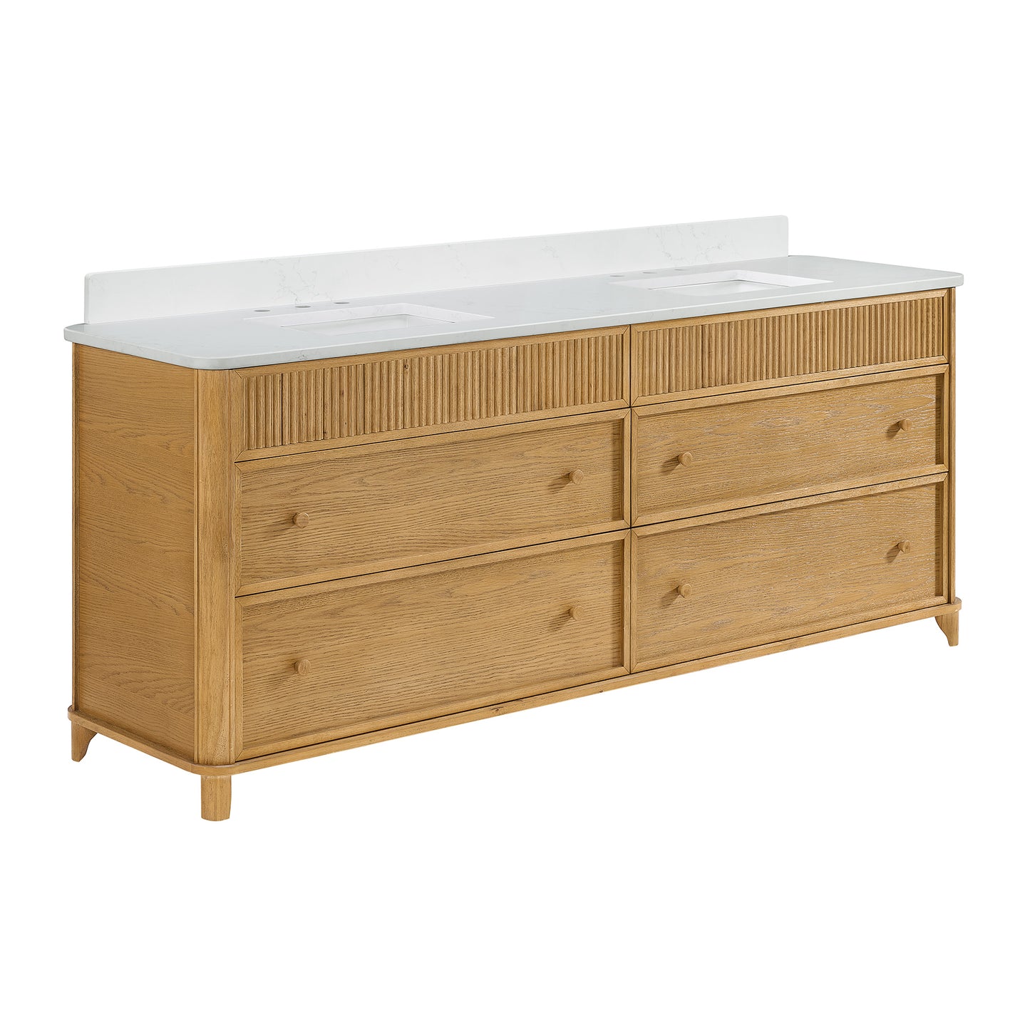 Kathryne Reeded 84" Double Bathroom Vanity in Enhanced Natural Oak | Statuario Quartz Countertop