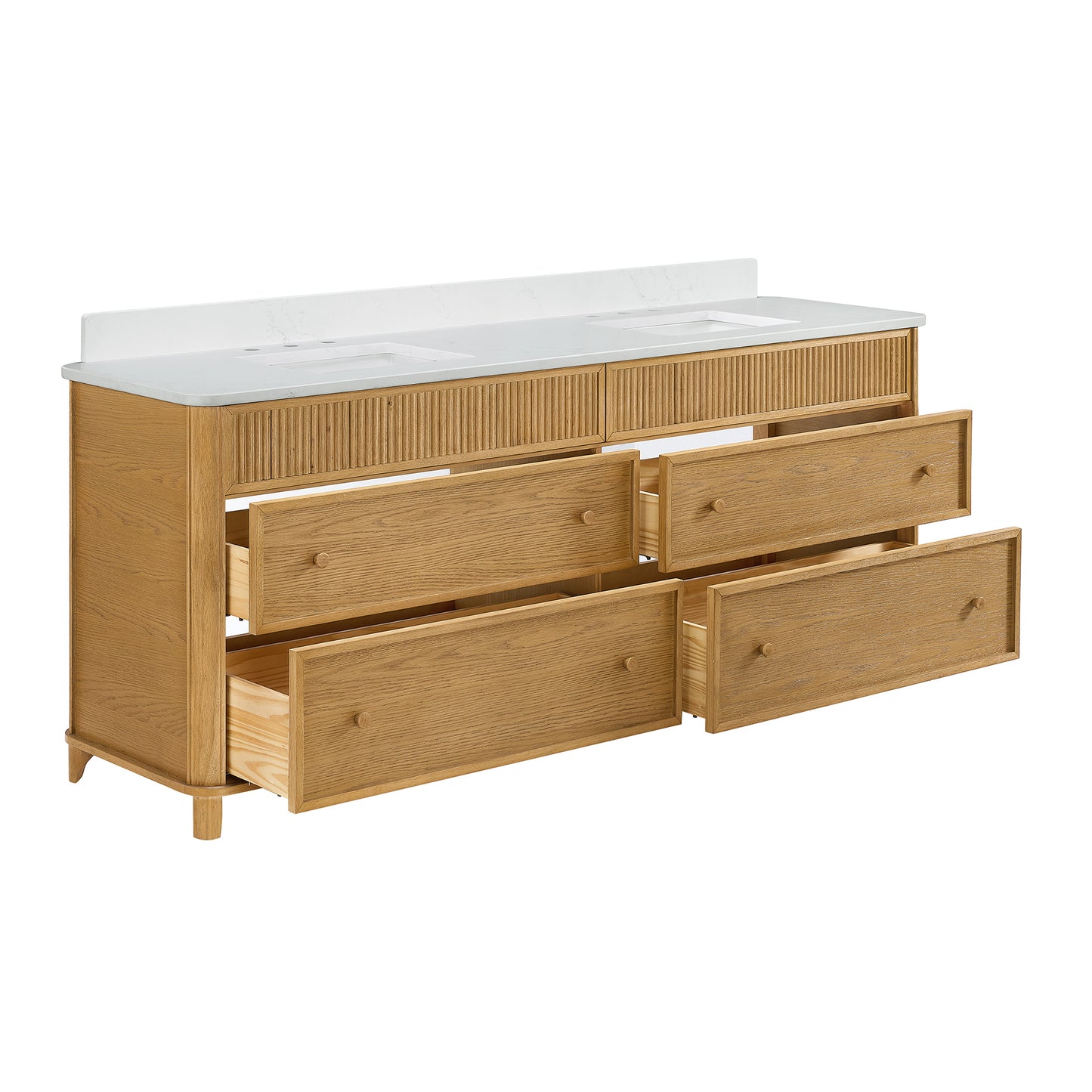 Kathryne Reeded 84" Double Bathroom Vanity in Enhanced Natural Oak | Statuario Quartz Countertop