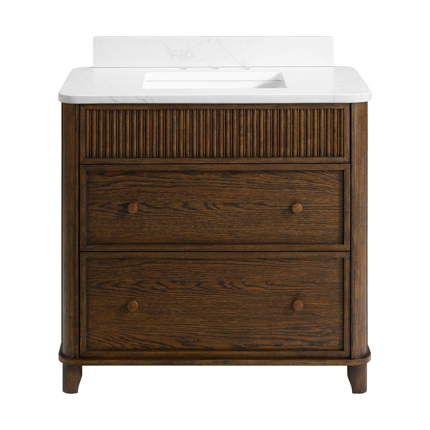 Kathryne 36" Single Bathroom Vanity in Enhanced Brown Oak | Statuario Quartz Countertop