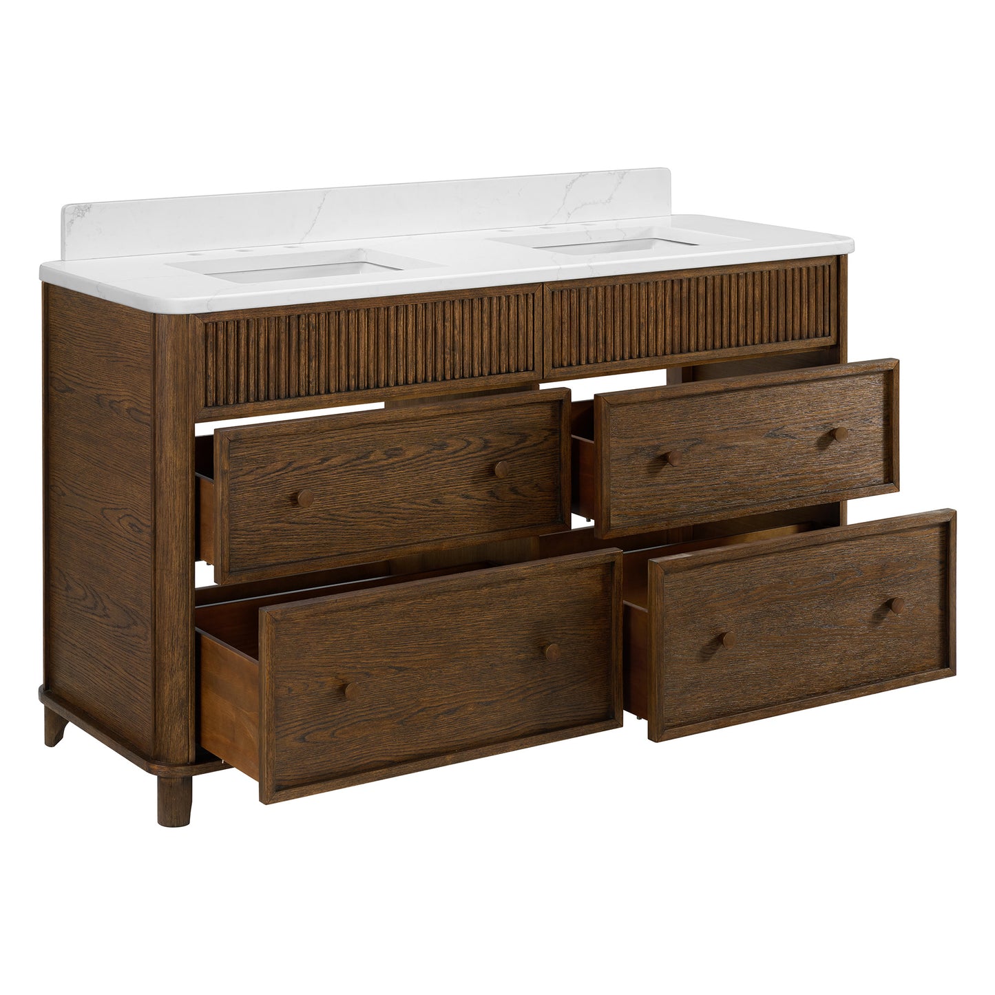Kathryne 60" Double Bathroom Vanity in Enhanced Brown Oak | Statuario Quartz Countertop