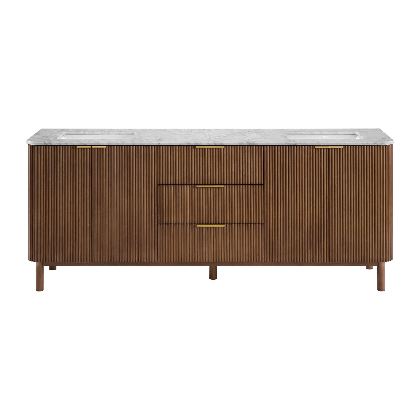 Havana 84" Double Bathroom Vanity in Brown Reeded Birch | Carrara Marble Countertop