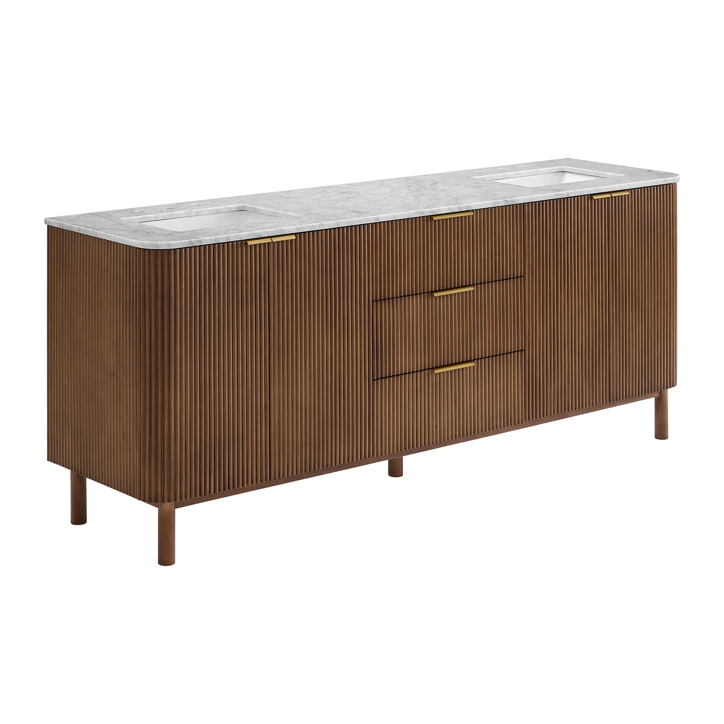 Havana 84" Double Bathroom Vanity in Brown Reeded Birch | Carrara Marble Countertop
