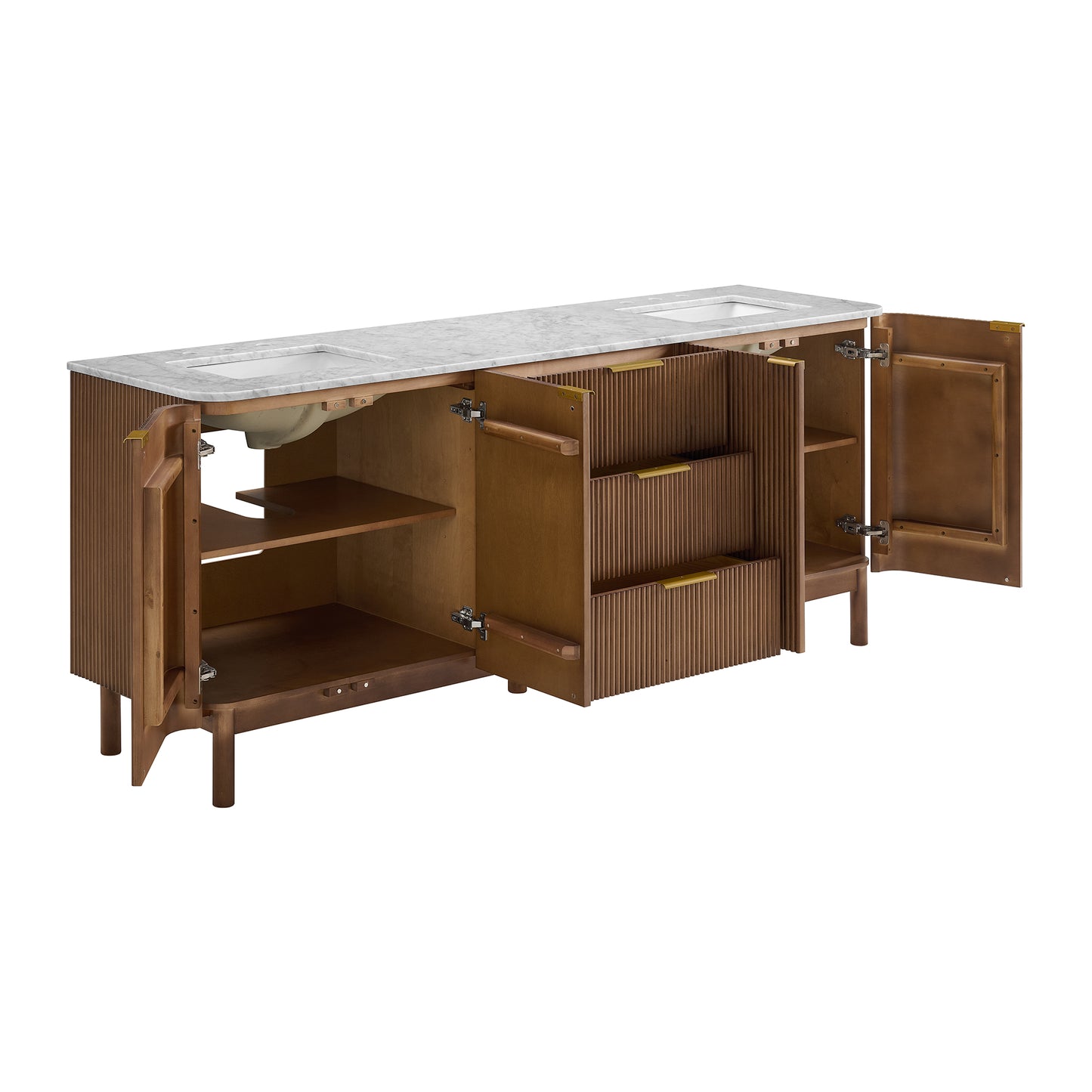 Havana 84" Double Bathroom Vanity in Brown Reeded Birch | Carrara Marble Countertop