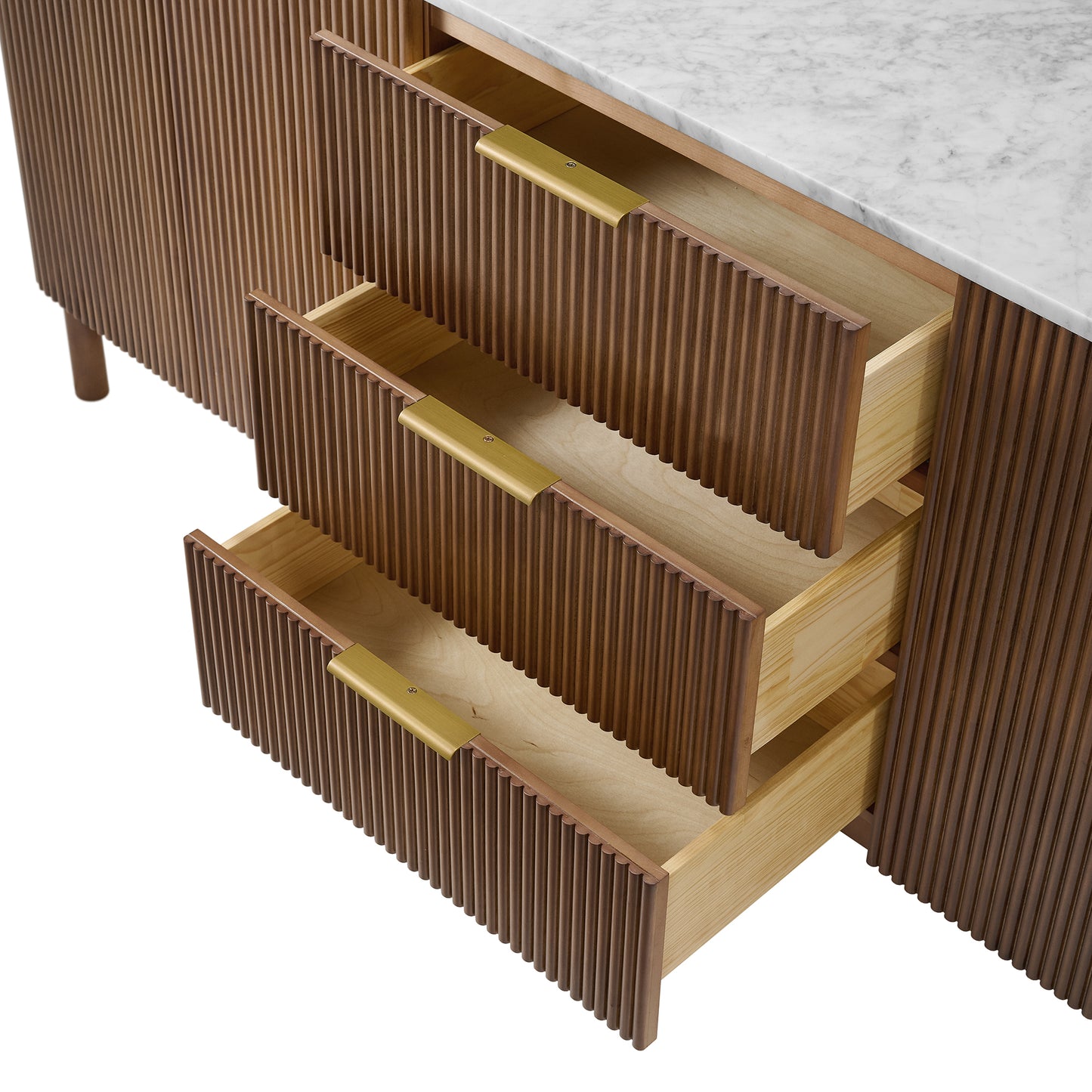 Havana 84" Double Bathroom Vanity in Brown Reeded Birch | Carrara Marble Countertop