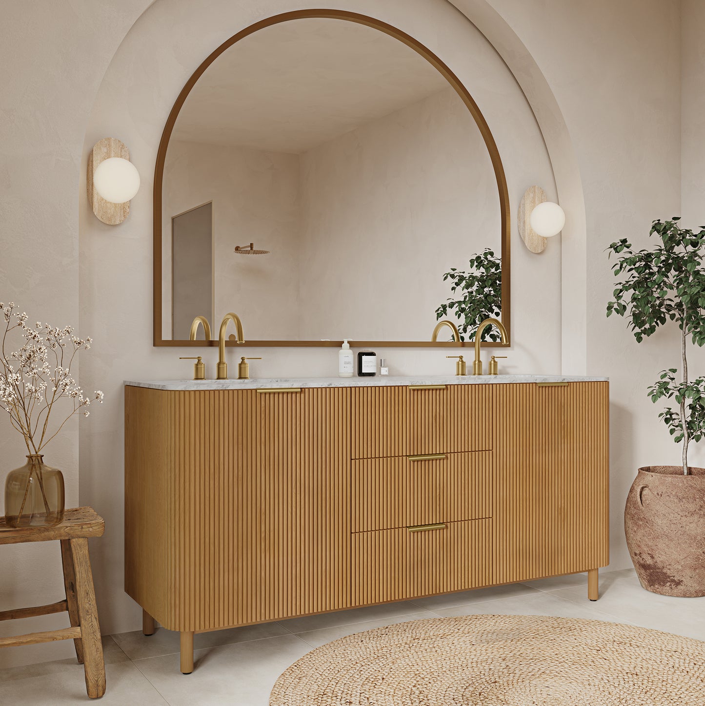Havana 72" Reeded Birch Double Bathroom Vanity | Carrara Marble Countertop
