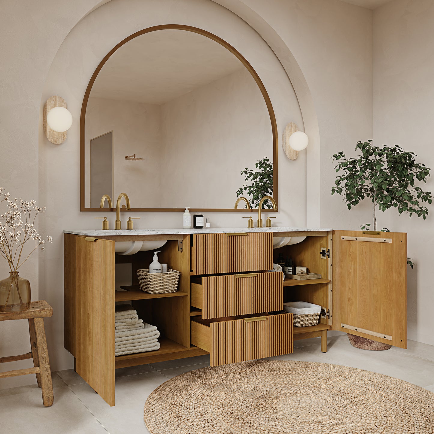 Havana 72" Reeded Birch Double Bathroom Vanity | Carrara Marble Countertop
