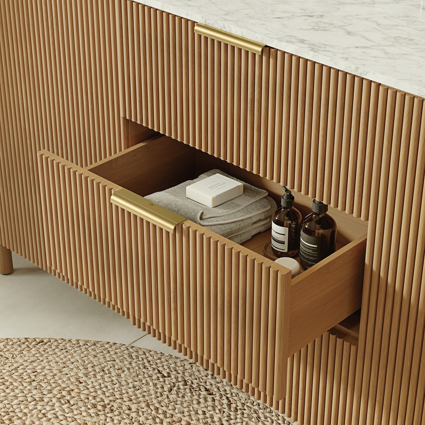 Havana 72" Reeded Birch Double Bathroom Vanity | Carrara Marble Countertop