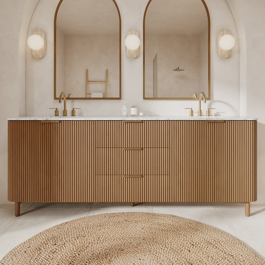 Havana 84" Double Bathroom Vanity in Reeded Birch | Carrara Marble Countertop