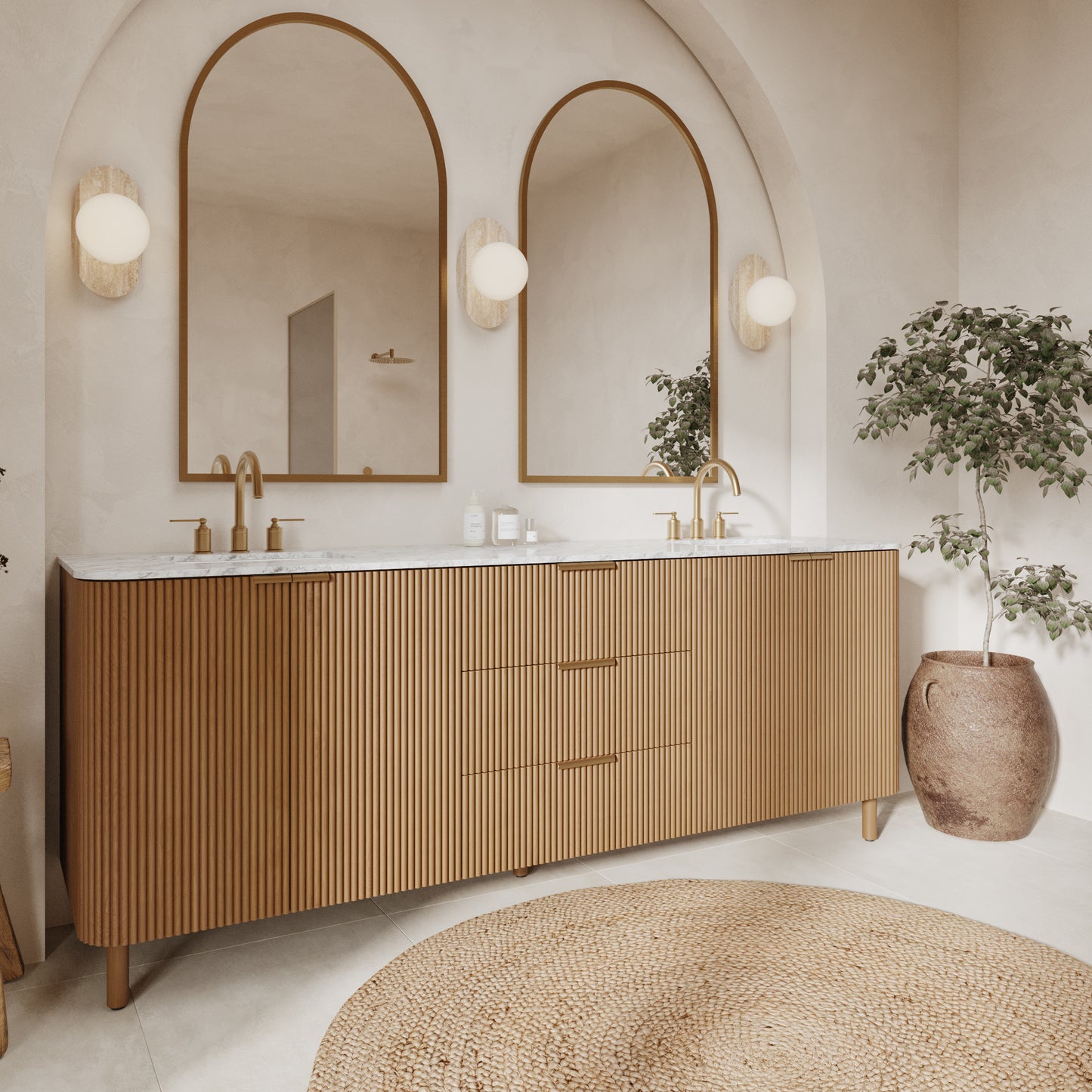Havana 84" Double Bathroom Vanity in Reeded Birch | Carrara Marble Countertop