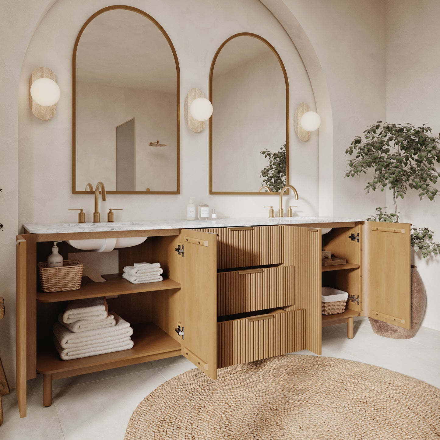 Havana 84" Double Bathroom Vanity in Reeded Birch | Carrara Marble Countertop