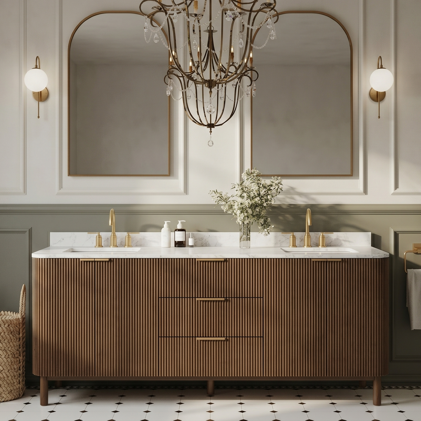 Havana 84" Double Bathroom Vanity in Brown Reeded Birch | Carrara Marble Countertop