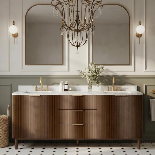 Havana 84" Double Bathroom Vanity in Brown Reeded Birch | Carrara Marble Countertop (Copy)