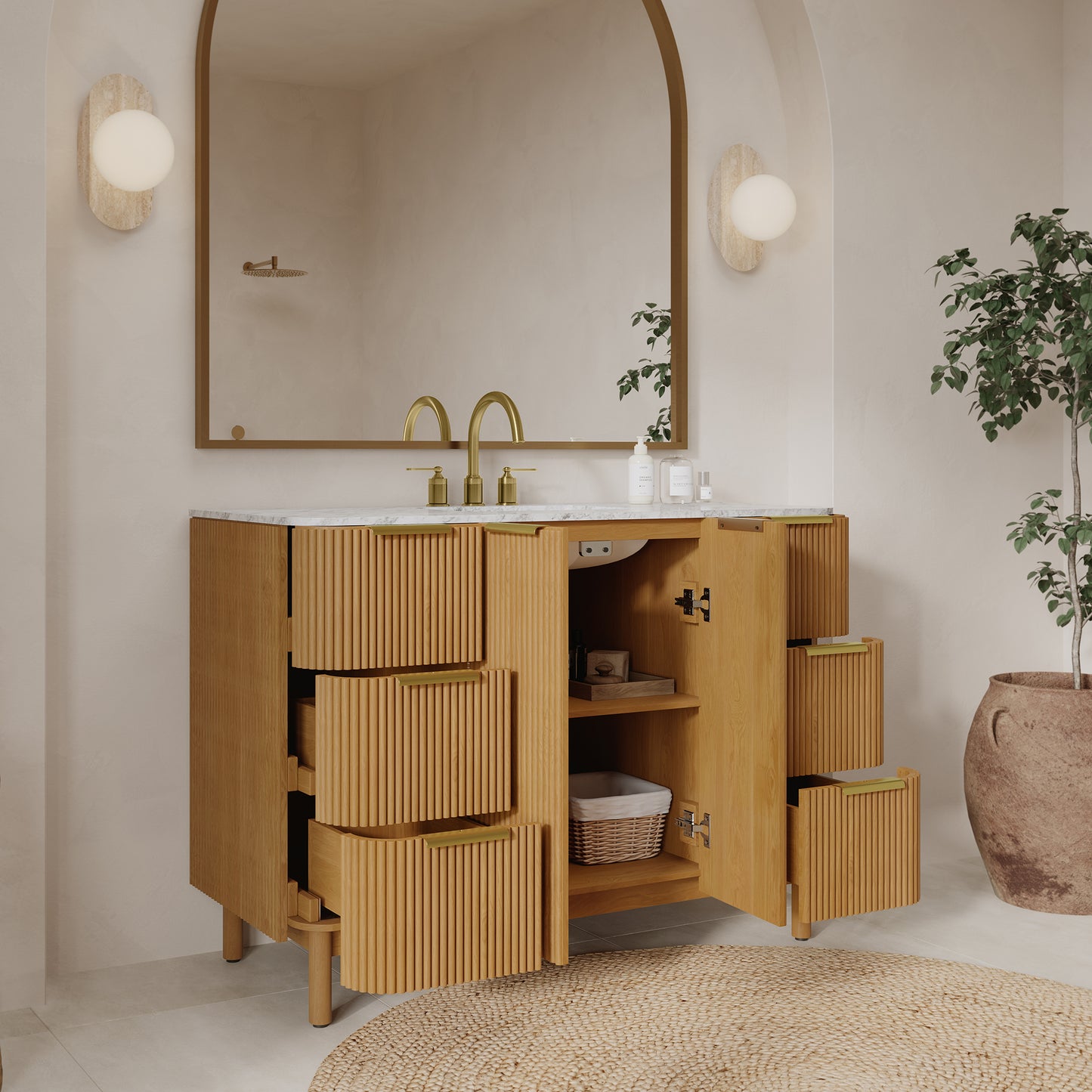 Havana 48" Single Bathroom Vanity in Reeded Birch | Carrara Marble Countertop
