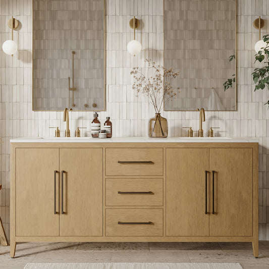 Bergen 72" Double Bathroom Vanity | Brushed Oak | Calacatta Gold Quartz