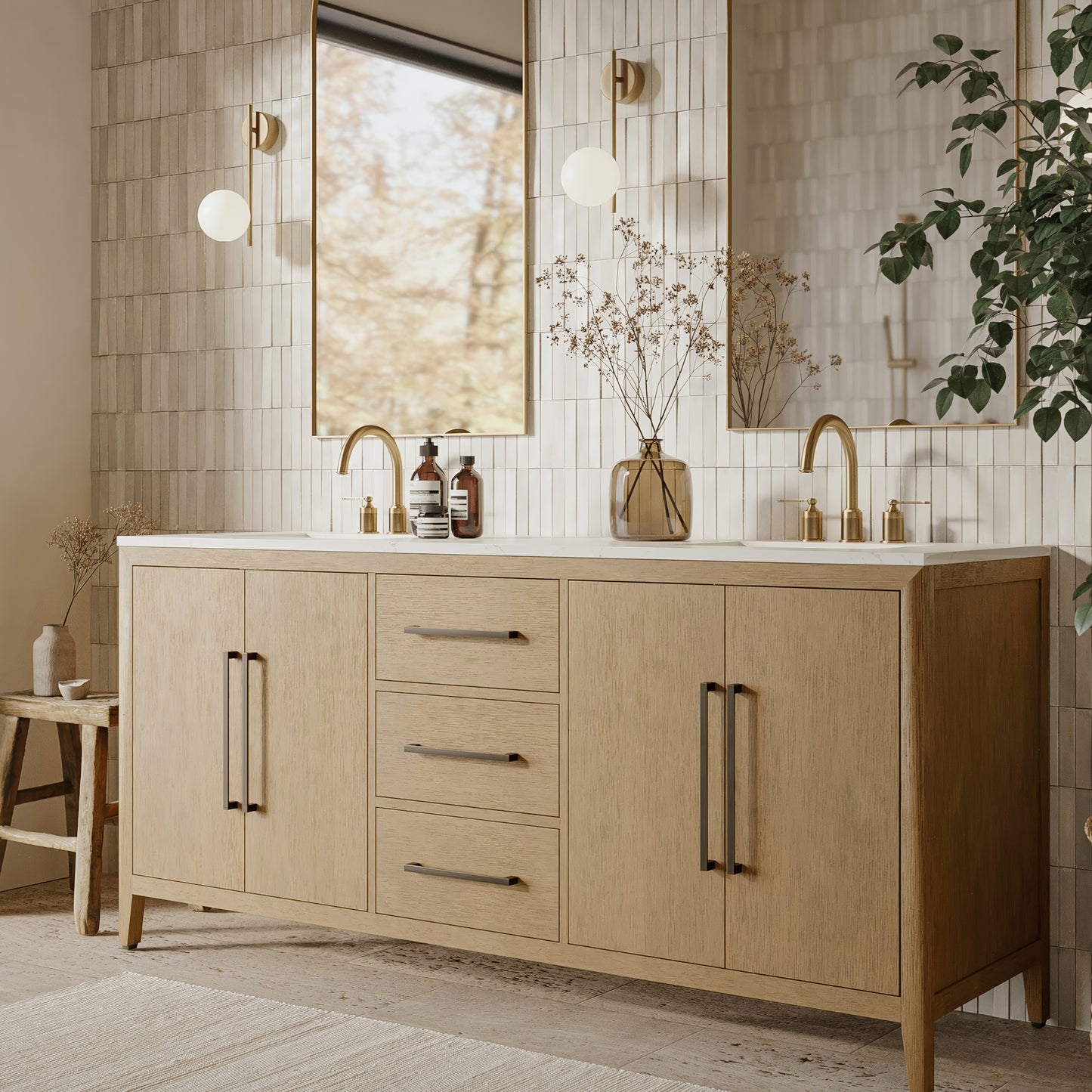 Bergen 72" Double Bathroom Vanity | Brushed Oak | Calacatta Gold Quartz