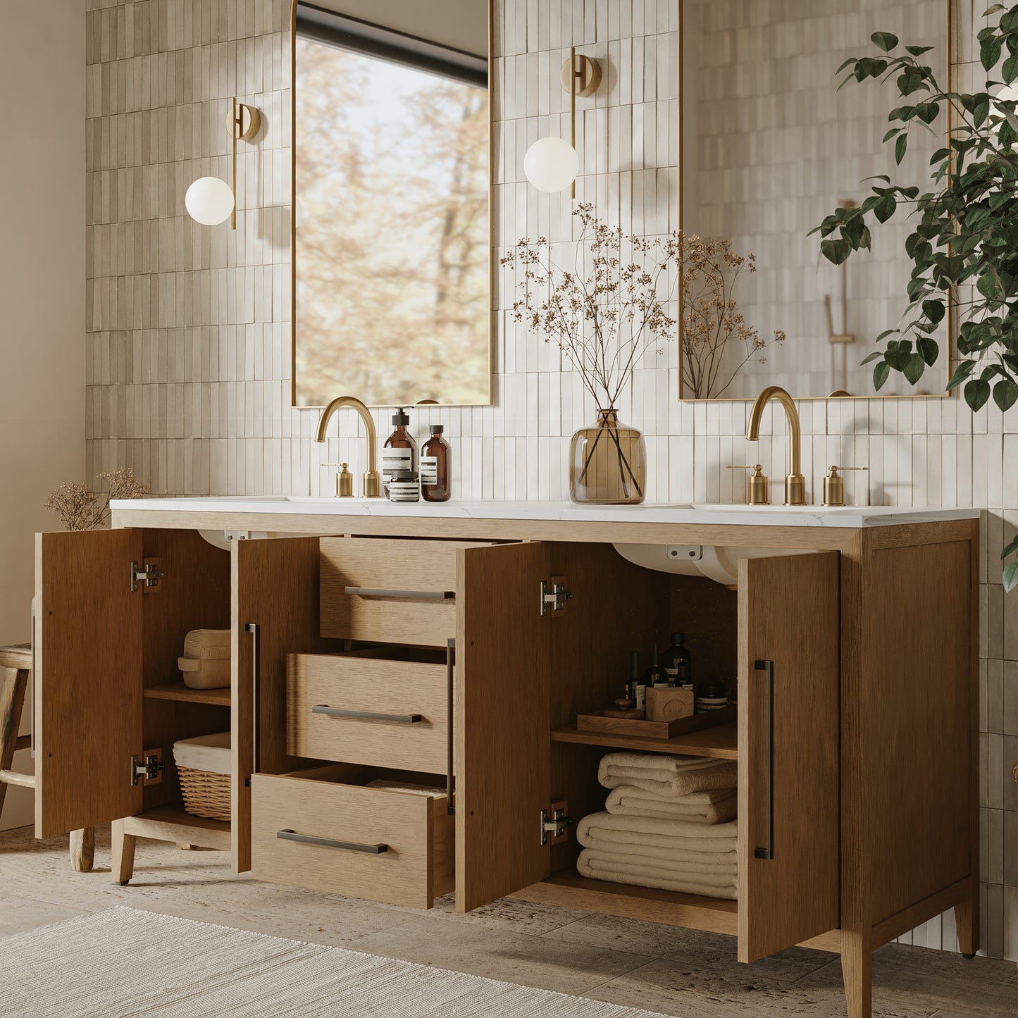 Bergen 72" Double Bathroom Vanity | Brushed Oak | Calacatta Gold Quartz