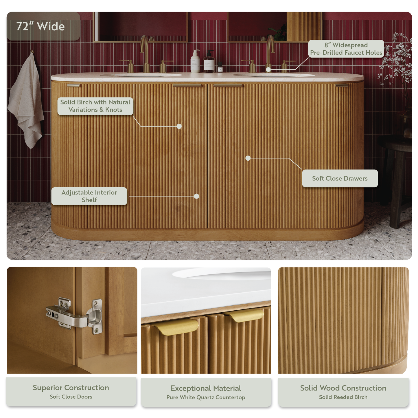 Luna Reeded 72" Double Bathroom Vanity With Quartz Countertop