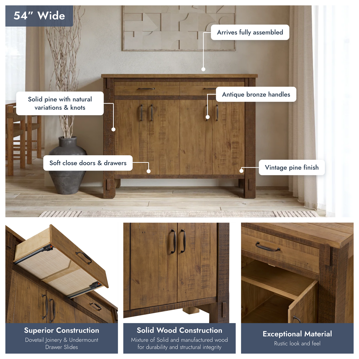 Telluride 54"W x 36"H Modern Farmhouse Sideboard in Vintage Pine