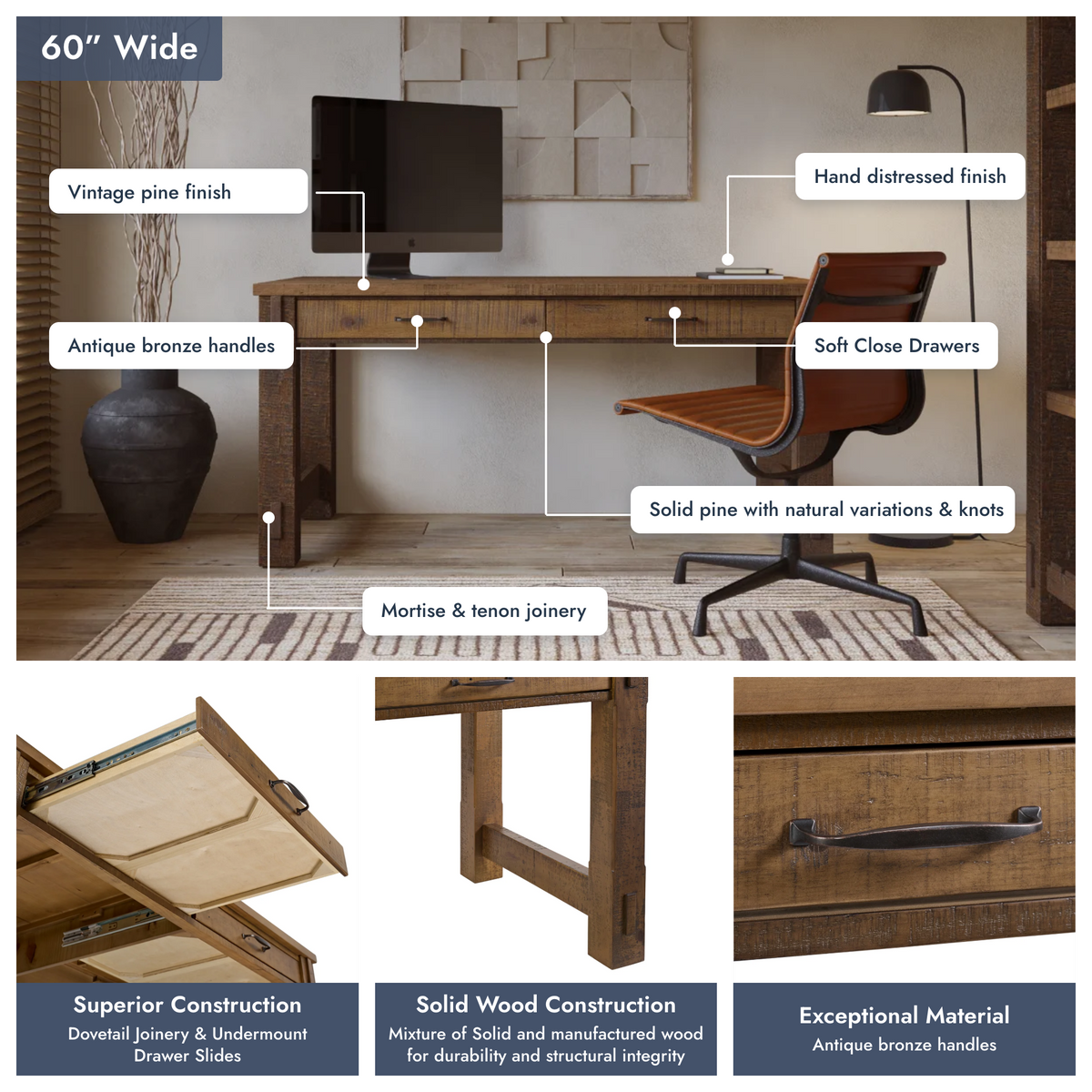 Telluride 60" x 30" Modern Farmhouse Home Office Desk in Vintage Pine