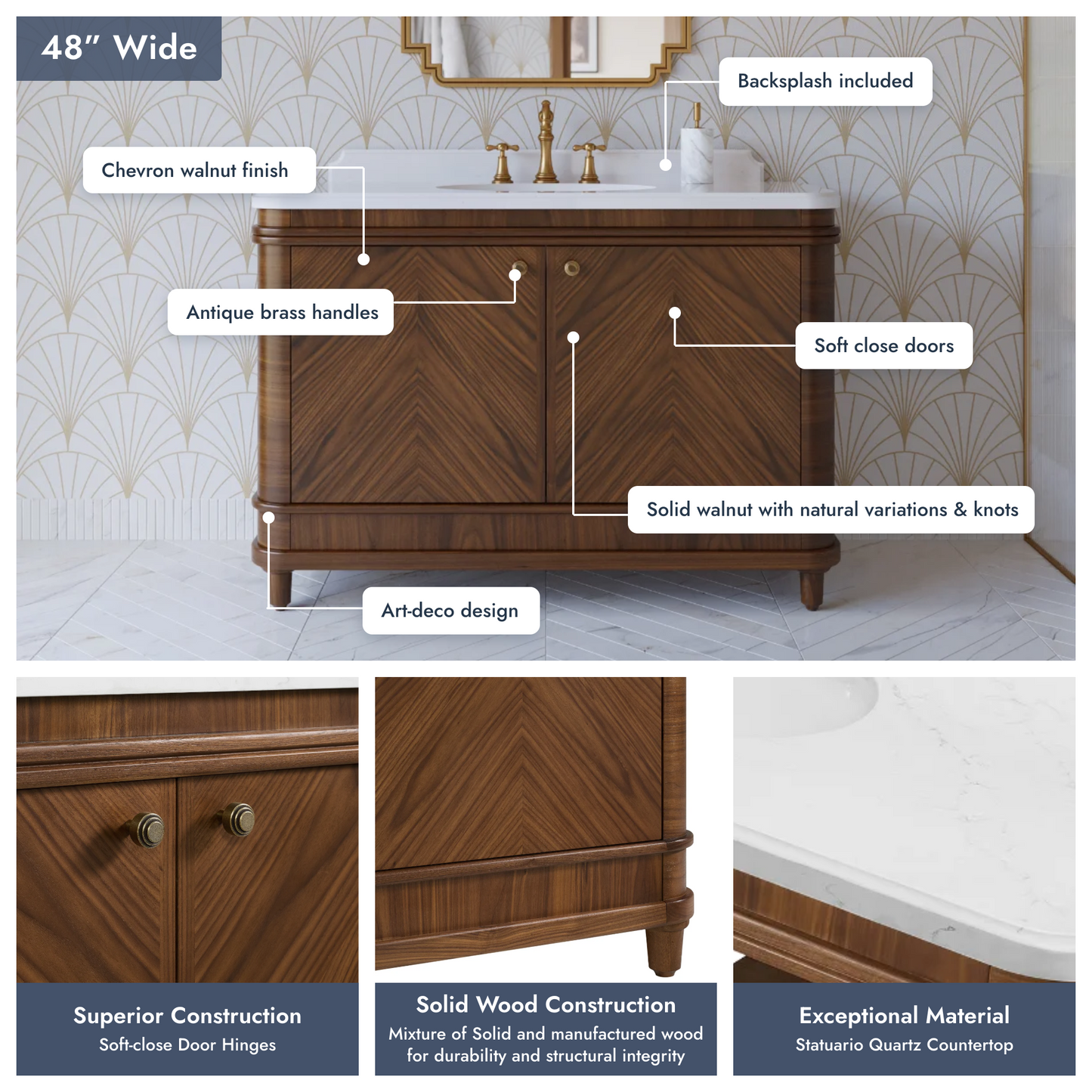 Tamara 48" Single Bathroom Vanity in Chevron Walnut and Statuario Quartz