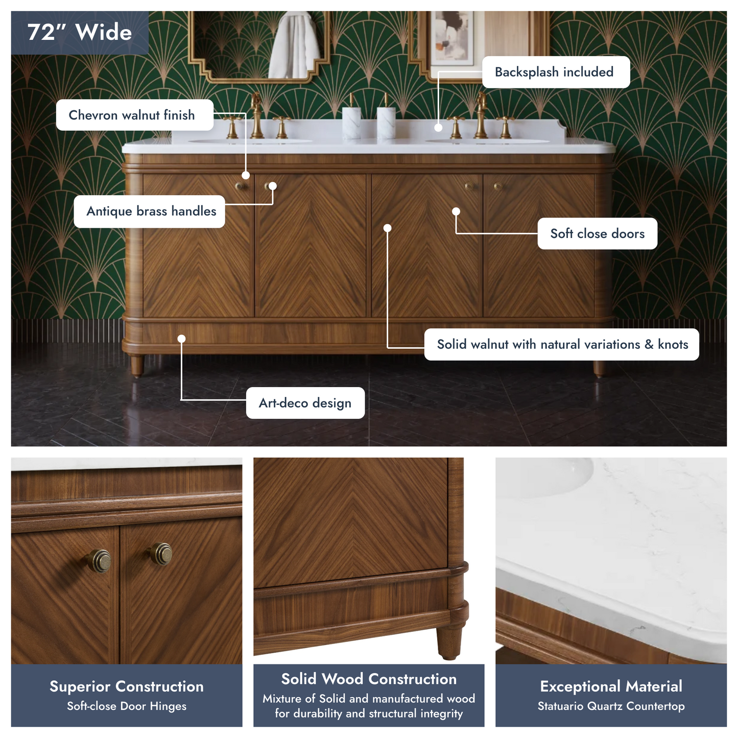 Tamara 72" Double Bathroom Vanity in Chevron Walnut and Statuario Quartz