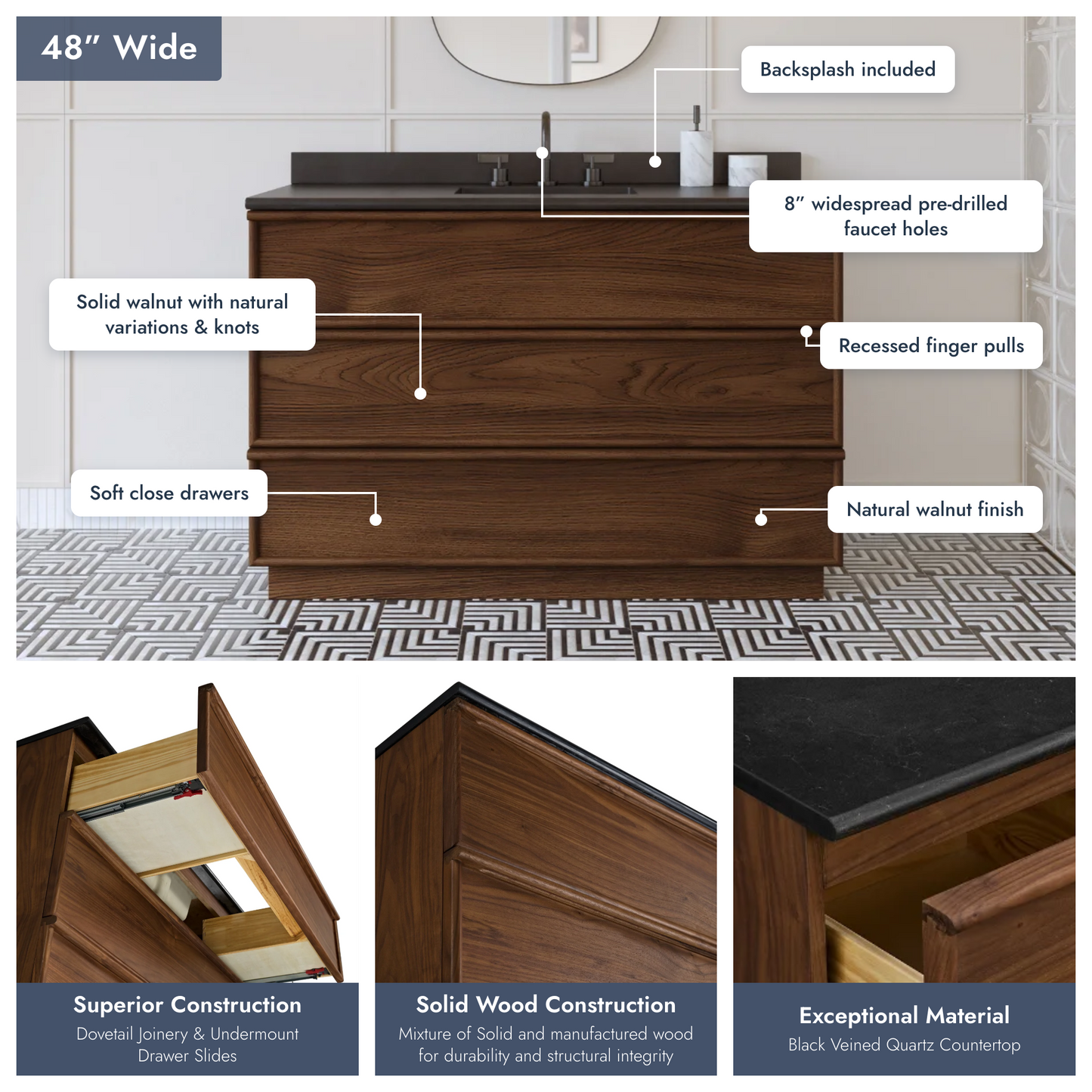 Cooper 48" Single Sink Bathroom Vanity in Natural Walnut with Quartz Top