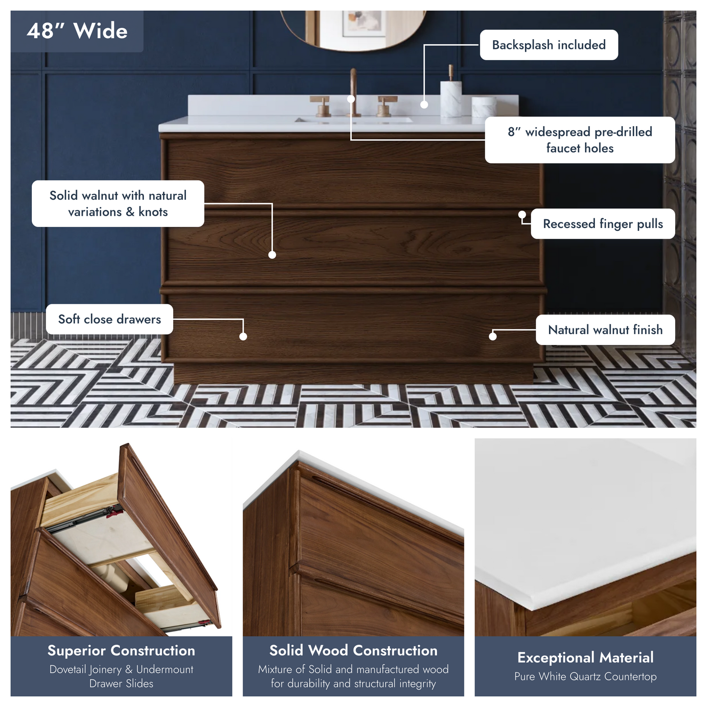 Cooper 48" Single Sink Bathroom Vanity in Natural Walnut with Quartz Top