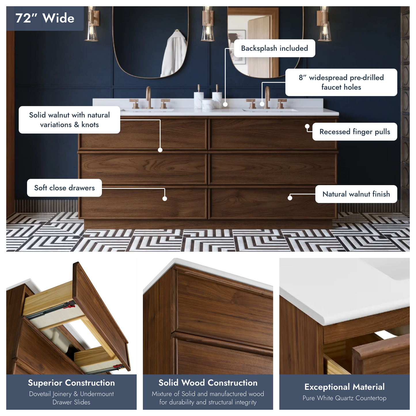 Cooper 72" Double Sink Bathroom Vanity in Natural Walnut with Quartz Top