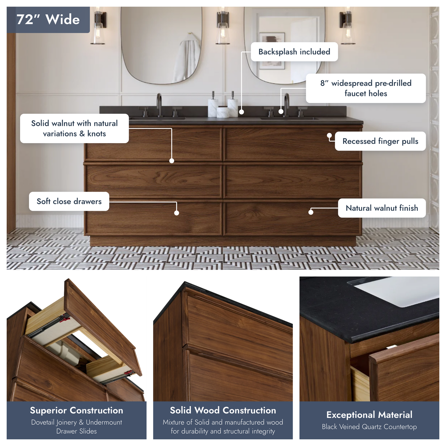 Cooper 72" Double Sink Bathroom Vanity in Natural Walnut with Quartz Top