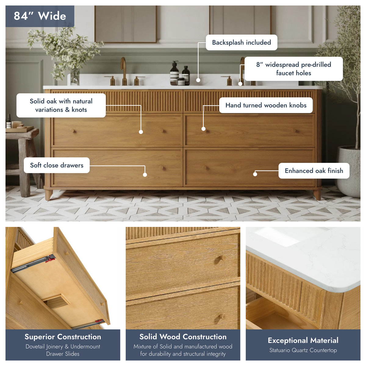 Kathryne Reeded 84" Double Bathroom Vanity in Enhanced Natural Oak | Statuario Quartz Countertop