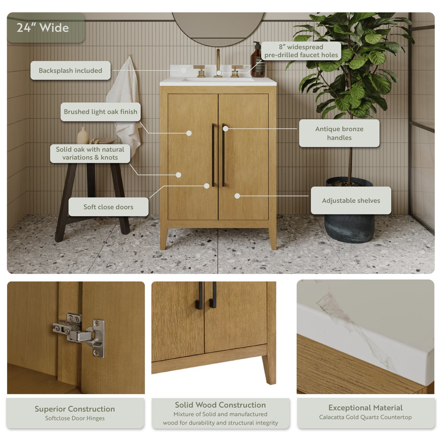 Bergen 24"W x 20"D RTA Single Bathroom Vanity | Calacatta Gold Quartz Countertop