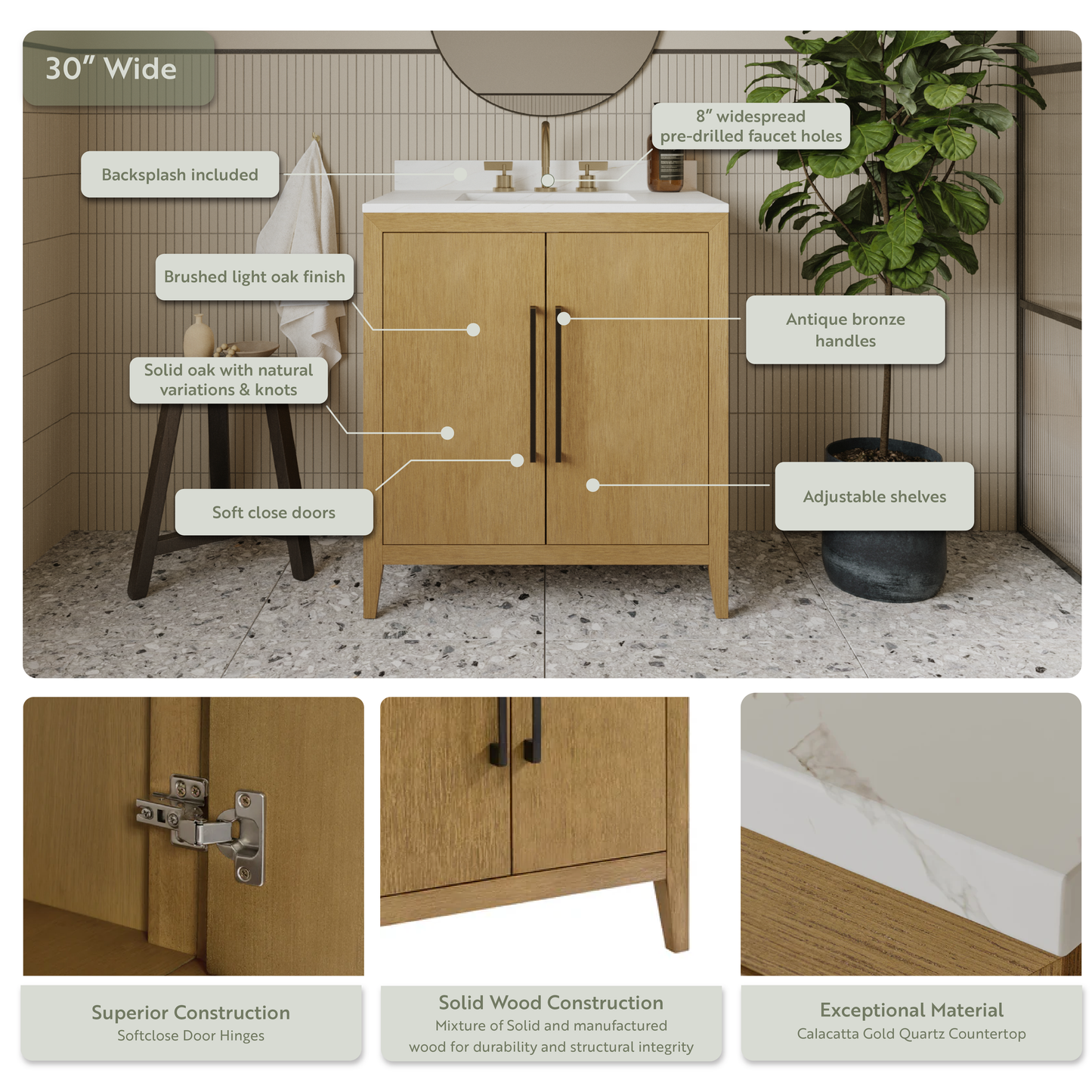 Bergen 30"W x 20"D Single Bathroom Vanity | Calacatta Gold Quartz Countertop