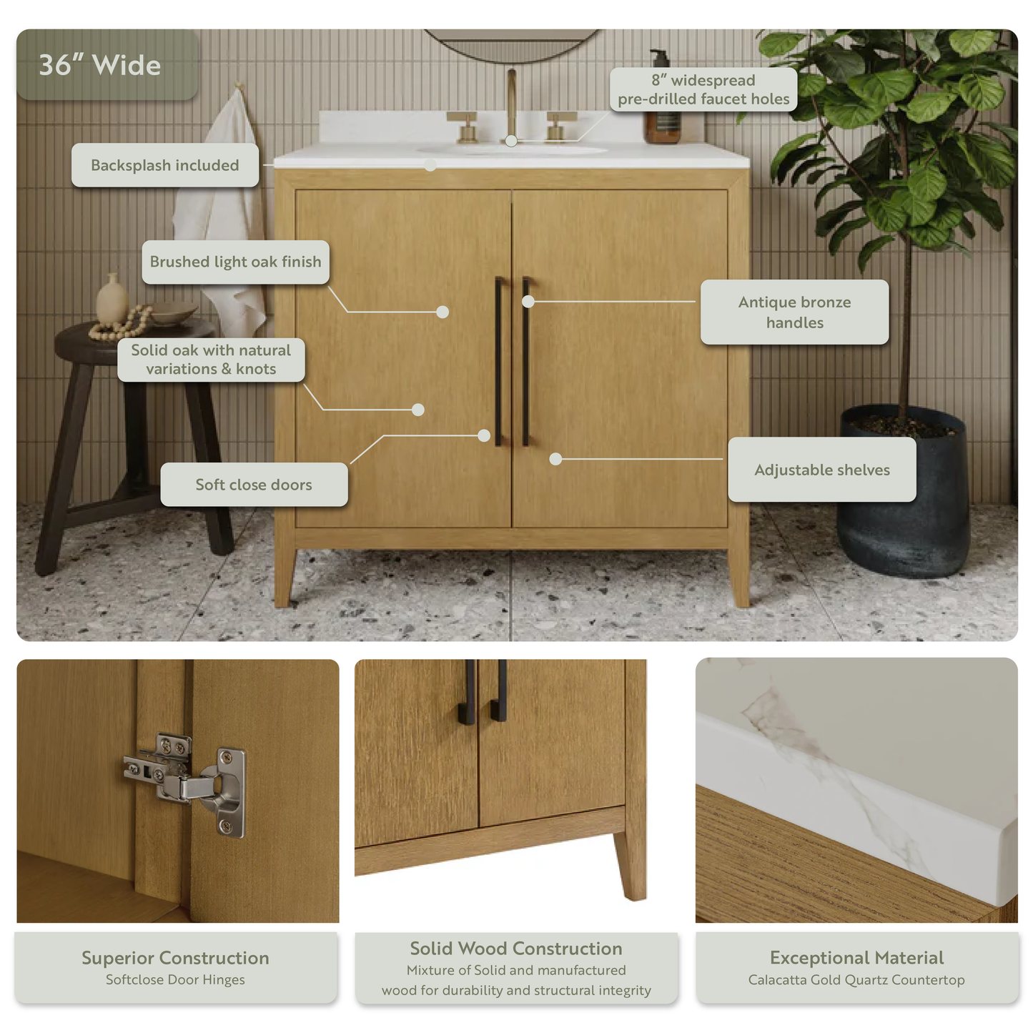 Bergen 36"W x 22"D  Single Bathroom Vanity | Calacatta Gold Quartz Countertop
