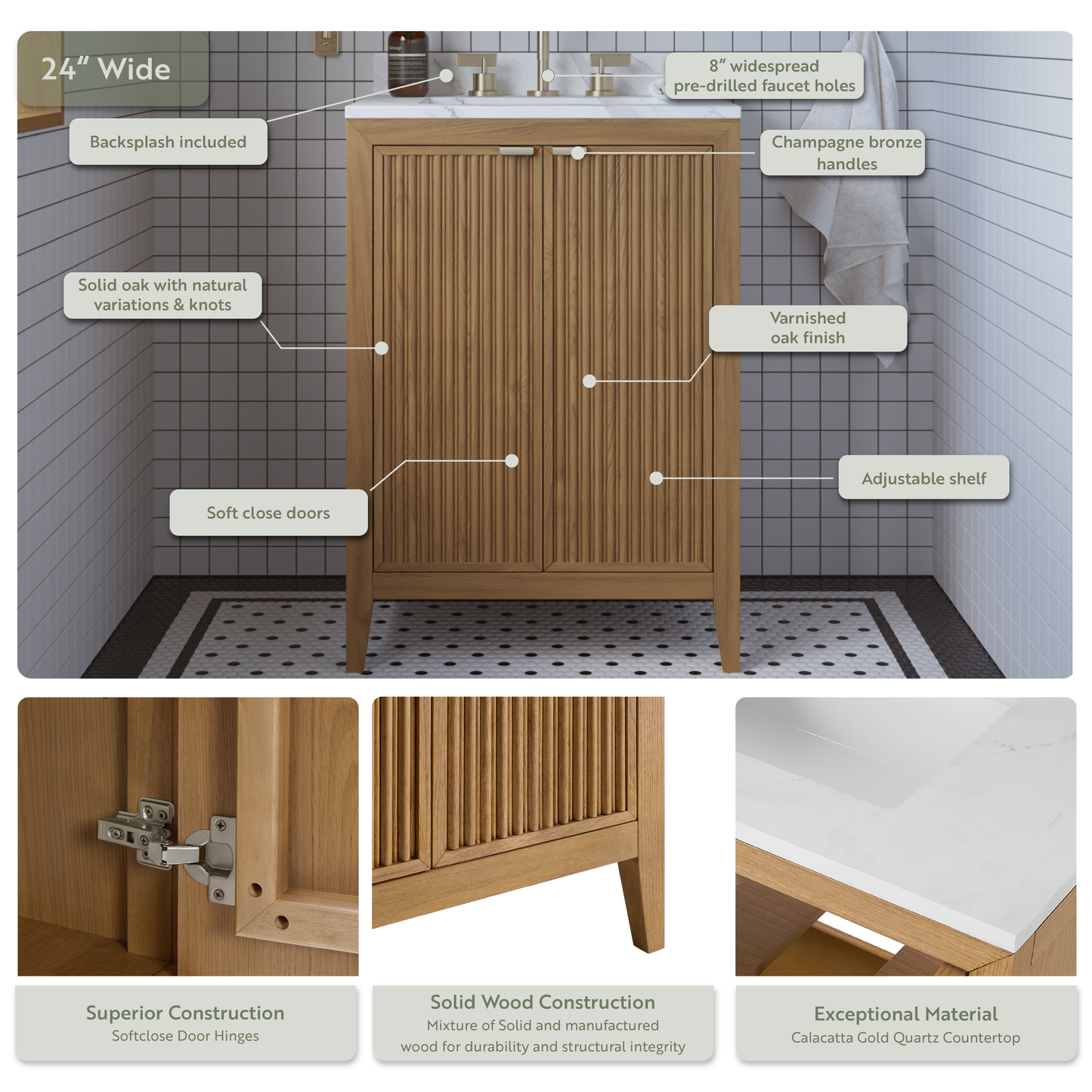 Kendal 24"W x 20"D RTA Single Bathroom Vanity | Calacatta Gold Quartz Countertop