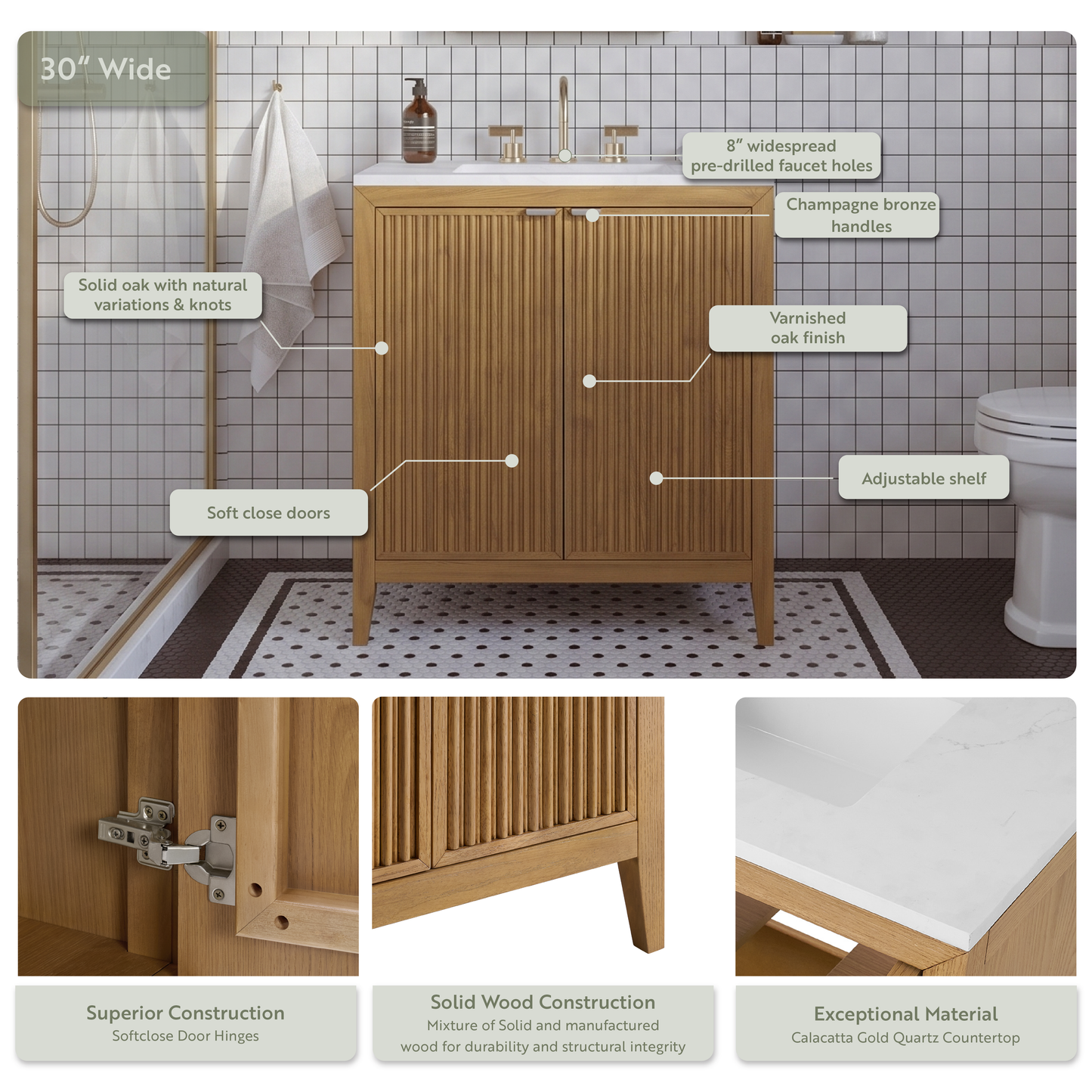 Kendal 30"W x 20"D RTA Single Sink Bathroom Vanity | Calacatta Gold Quartz Countertop
