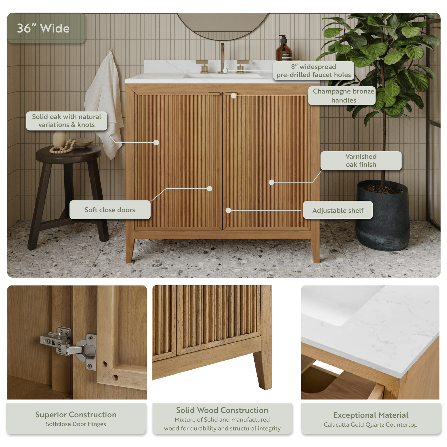 Kendal 36"W x 22"D RTA Single Sink Bathroom Vanity | Calacatta Gold Quartz Countertop