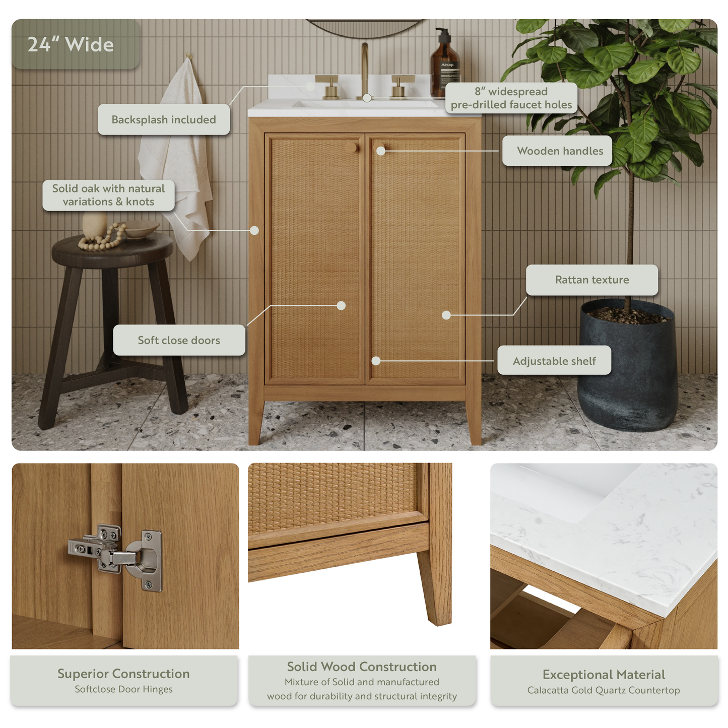 Whitney 24"W x 20"D Rattan RTA Single Bathroom Vanity | Calacatta Gold Quartz Countertop