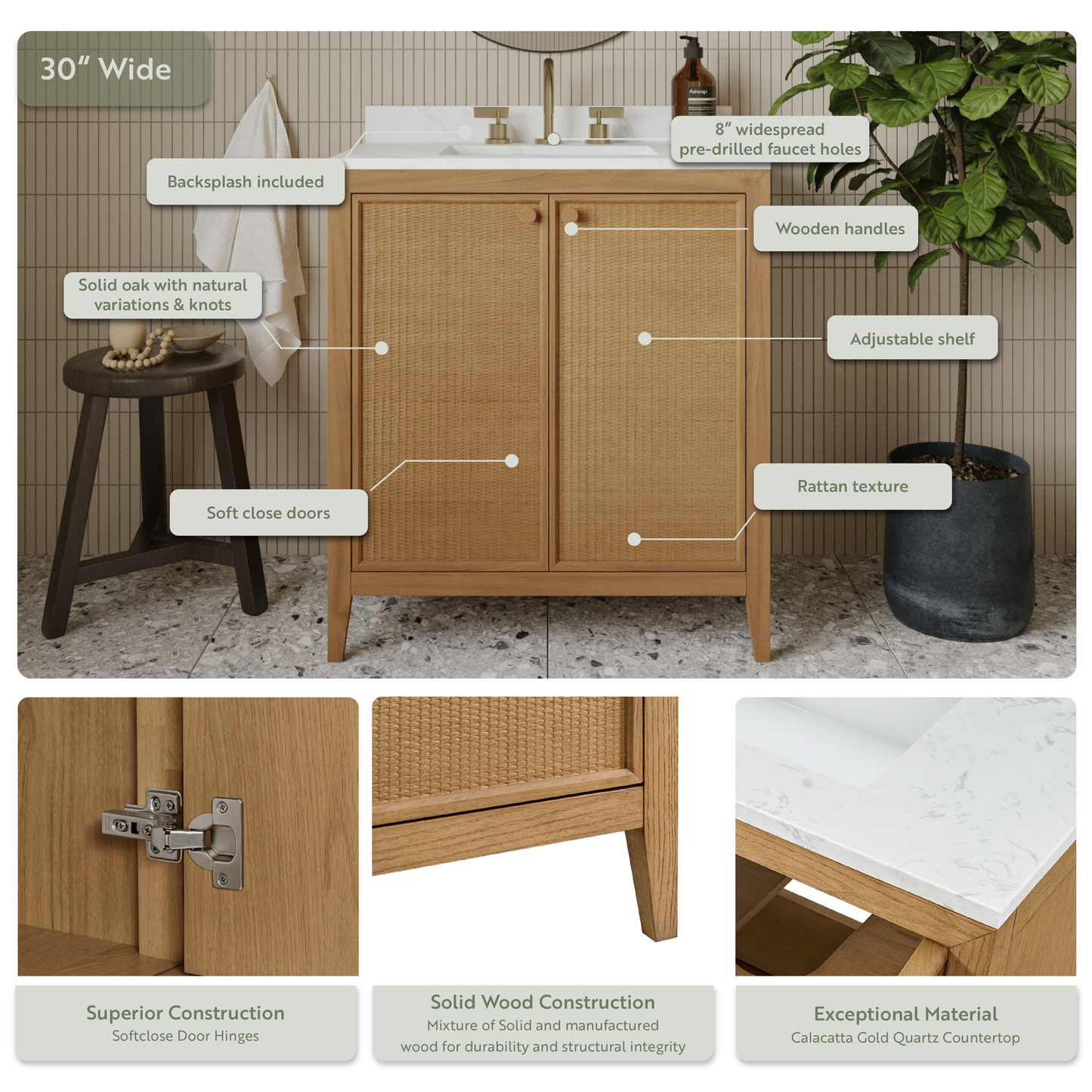 Whitney 30"W x 20"D Rattan RTA Single Bathroom Vanity | Calacatta Gold Quartz Countertop