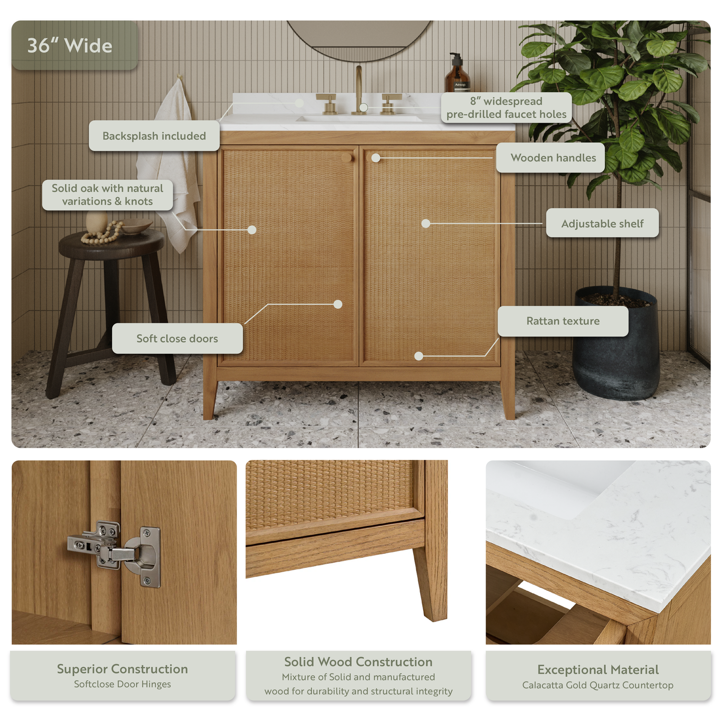 Whitney 36"W x 22"D Rattan RTA Single Bathroom Vanity | Calacatta Gold Quartz Countertop