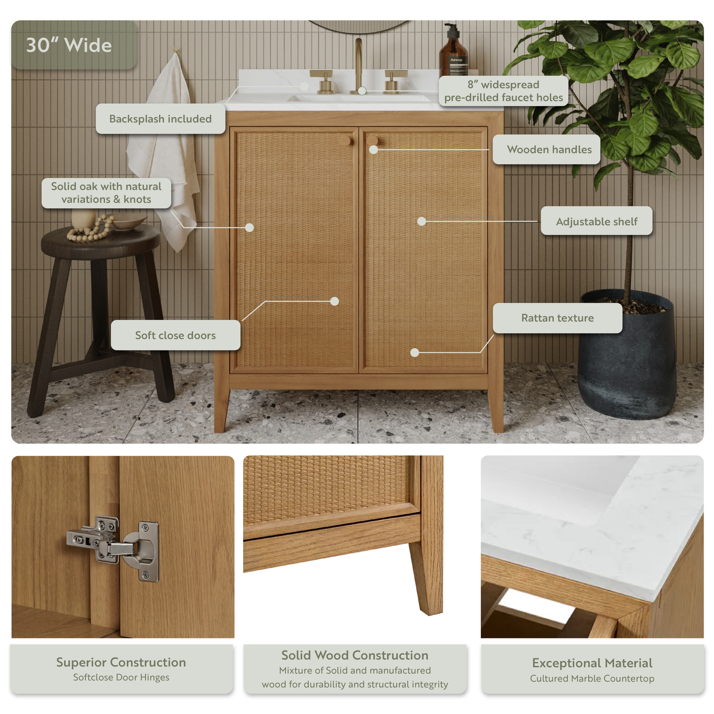 Whitney 30" x 20" Rattan RTA Single Bathroom Vanity | Cultured Marble Countertop
