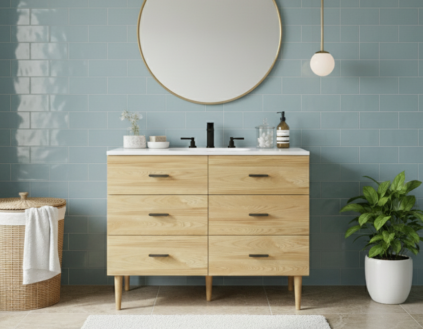 Stockholm 42" Single Bathroom Vanity in Natural Ash with Black Handles | Engineered Stone Countertop