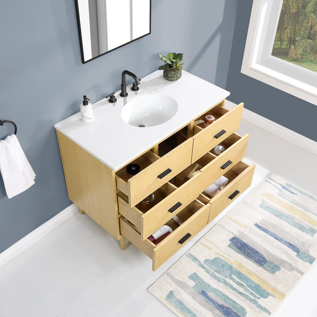 Stockholm 42" Single Bathroom Vanity in Natural Ash with Black Handles | Engineered Stone Countertop