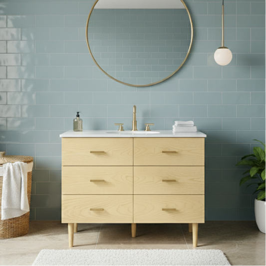 Stockholm 42" Single Bathroom Vanity in Natural Ash with Gold Handles | Quartz Countertop