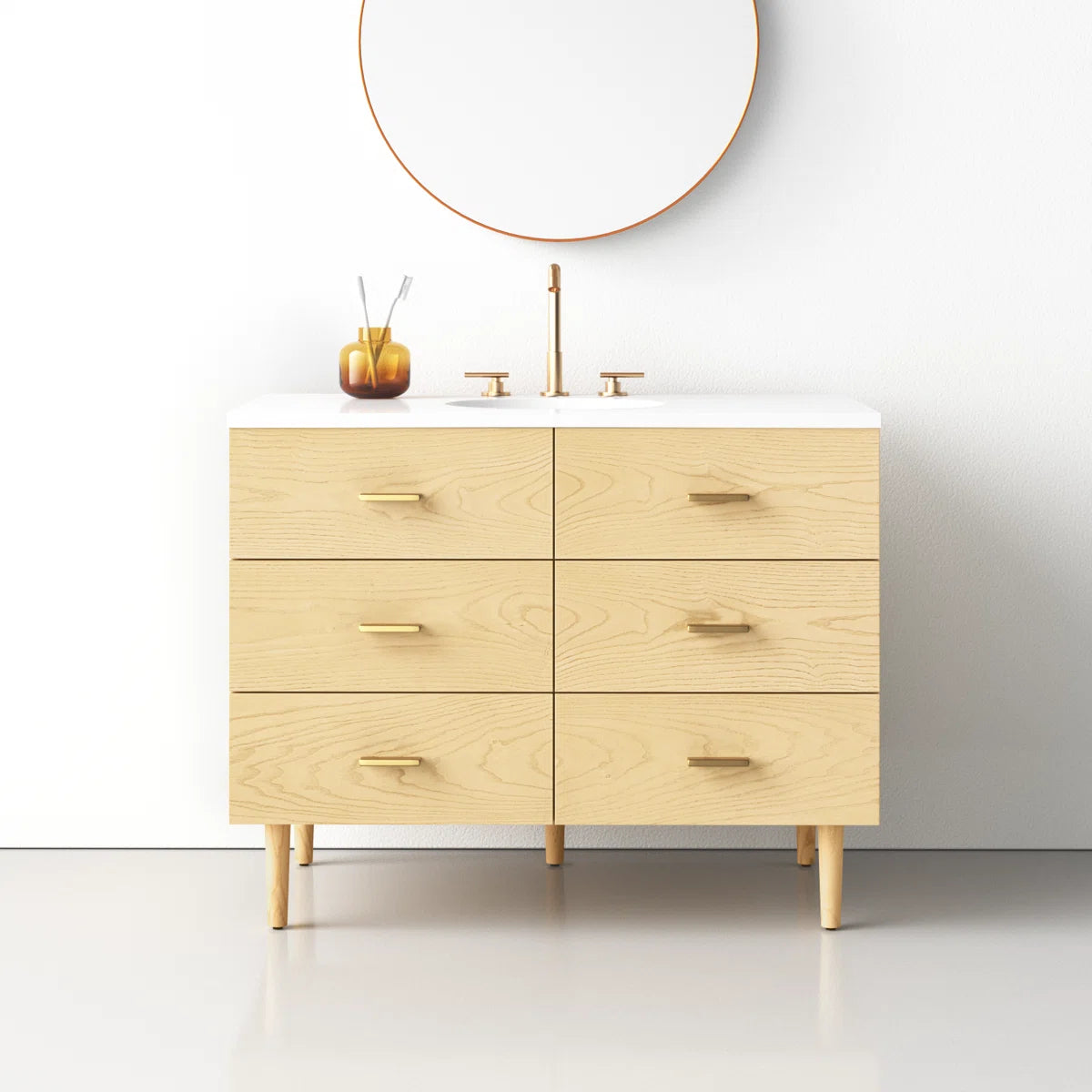 Stockholm 42" Single Bathroom Vanity in Natural Ash with Gold Handles | Engineered Stone Countertop